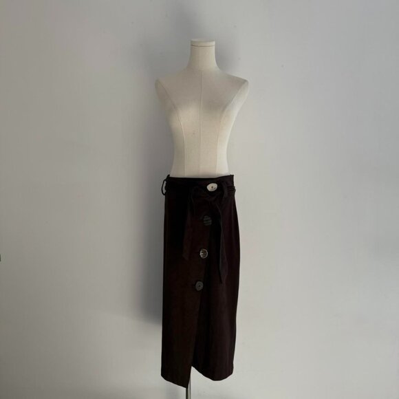 Zara Basic Brown Suede Midi Skirt with Belt & Button Front | Women’s Size Medium - Picture 1 of 5